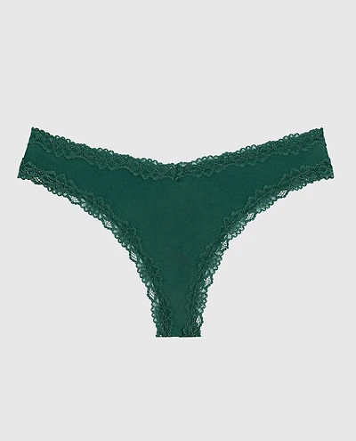 Thong Panty With Lace Trim in Emerald Green