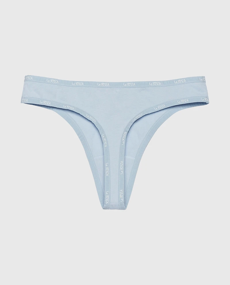 Thong Panty with Logo Trim Subdued Blue