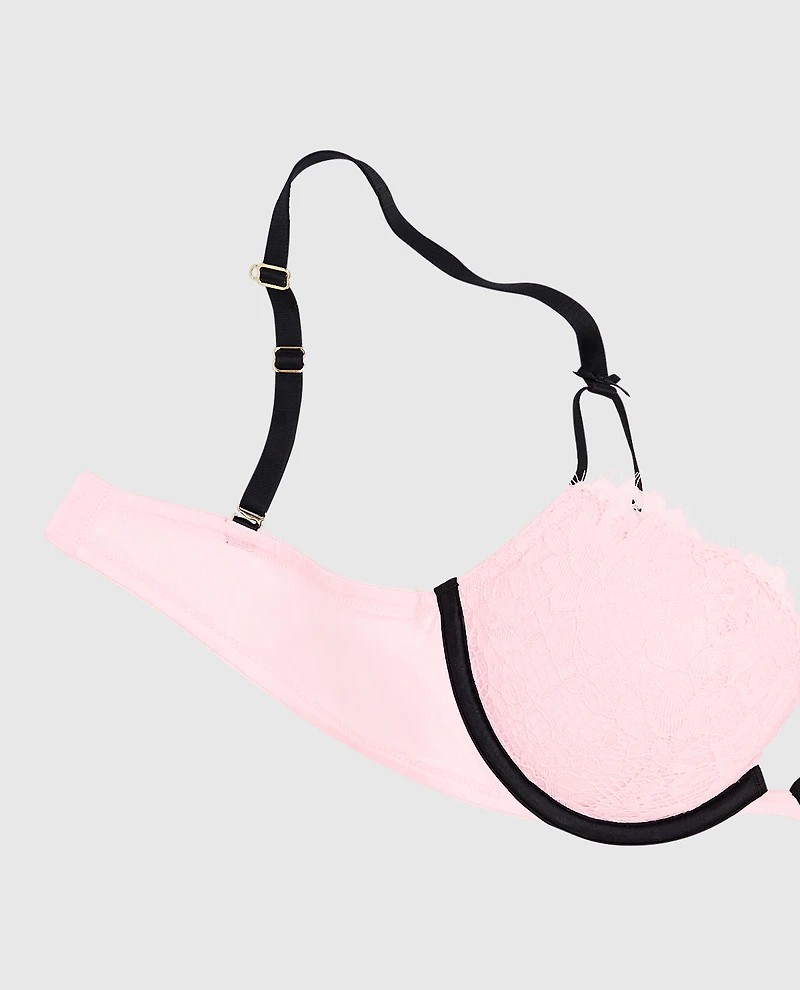 Soutien-gorge pigeonnant tout en dentelle rose indiscret