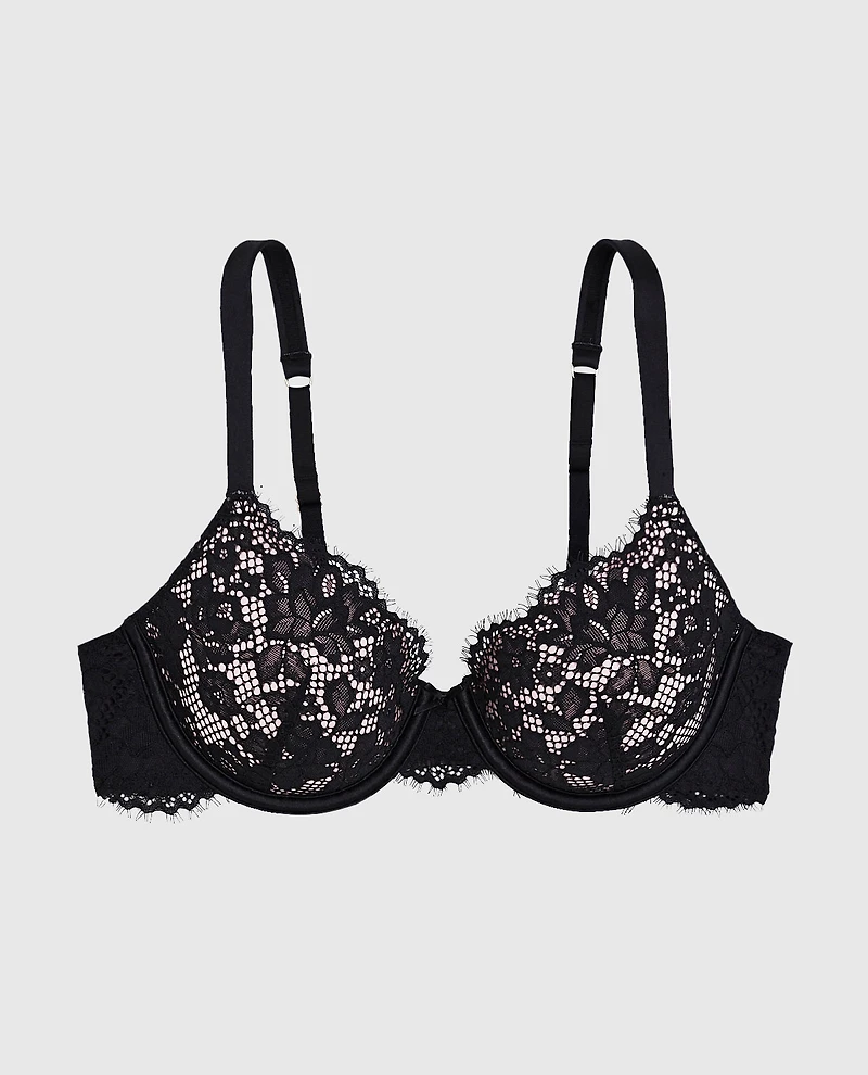 Soutien-gorge couvrant en dentelle légèrement doublée noire et rose