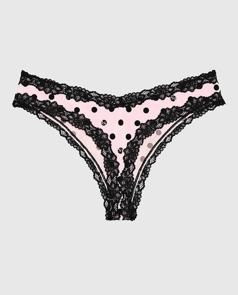 Tanga avec bordure en dentelle à pois