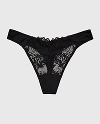 High Leg Lace Thong Panty Tuxedo Black