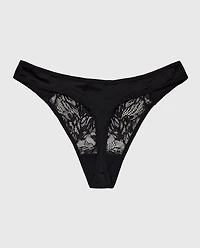 High Leg Lace Thong Panty Tuxedo Black
