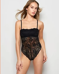 Allover Lace Open Back Bodysuit Tuxedo Black