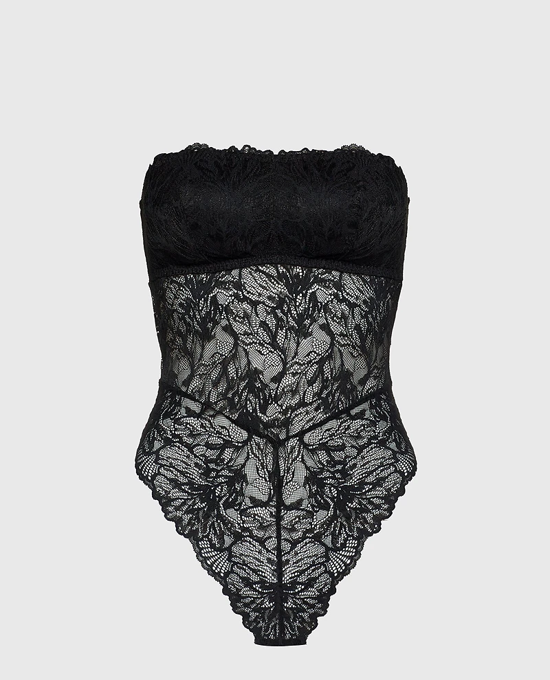Allover Lace Open Back Bodysuit Tuxedo Black