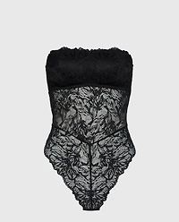 Allover Lace Open Back Bodysuit Tuxedo Black