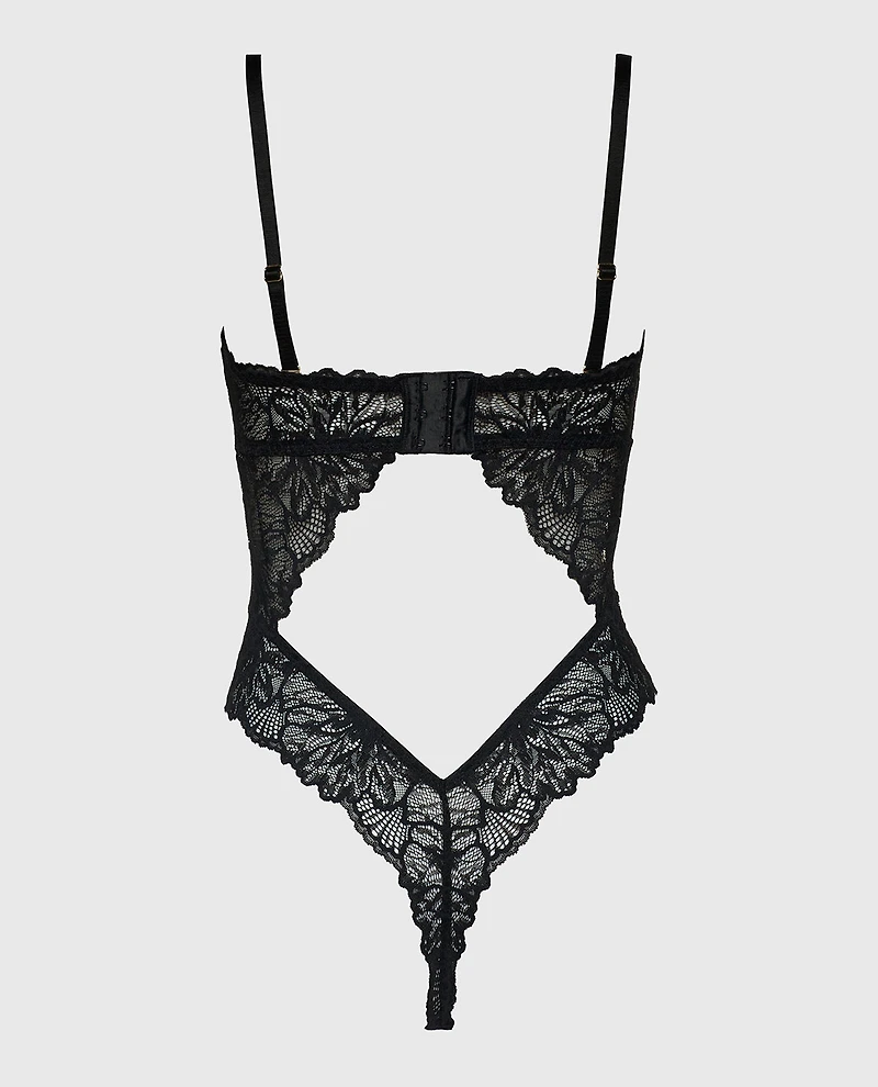 Allover Lace Open Back Bodysuit Tuxedo Black