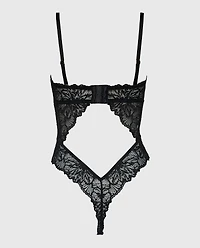 Allover Lace Open Back Bodysuit Tuxedo Black