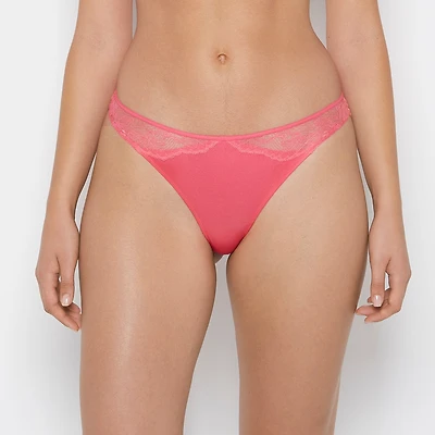 Thong Panty With Lace Micro Trim Hot Pink