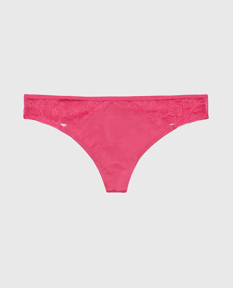 Thong Panty with Lace Micro Trim Raspberry Rose