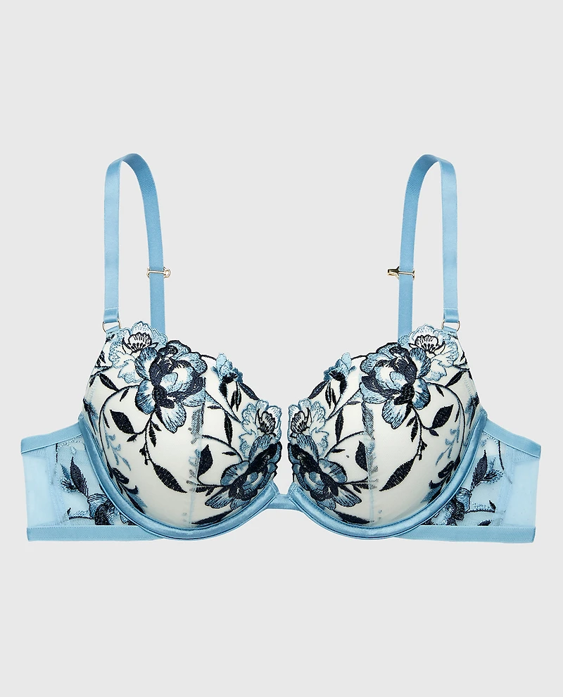 Plunge Push Up Bra Ivory with Glacier Lake and Dark Navy