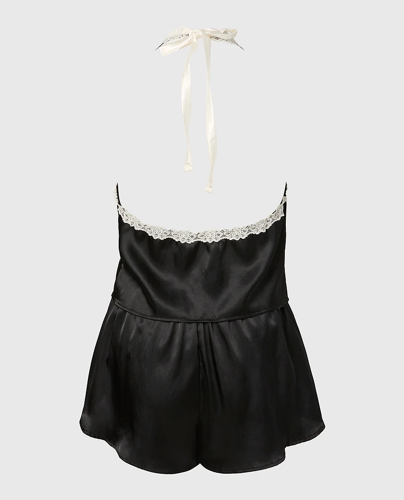 Satin PJ Set With Wicked Lace Trim Tuxedo Black