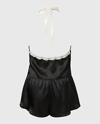 Satin PJ Set With Wicked Lace Trim Tuxedo Black