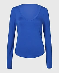 Long sleeve brushed jersey v-Neck top Dazzling Blue