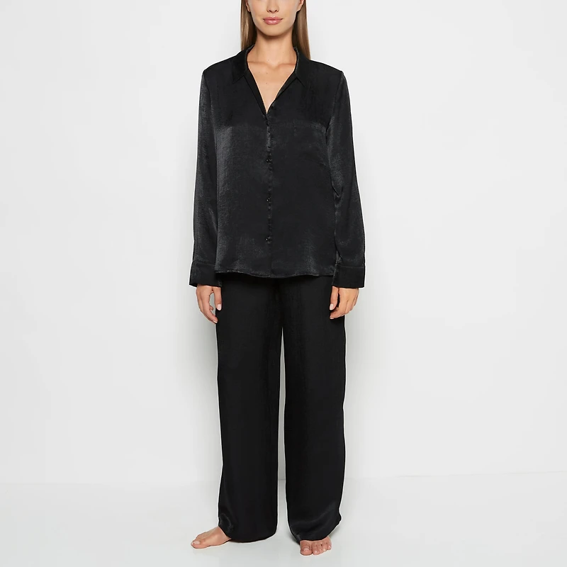La Senza | Satin Sleep shirt with button front in Tuxedo Black | Satin | Tuxedo Black | XL