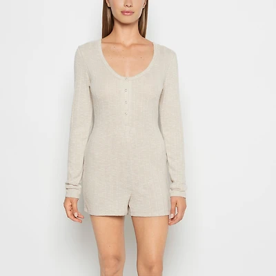 Placket Front Onesie Cozy Light Oatmeal