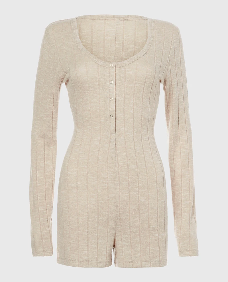 Placket Front Onesie Cozy Light Oatmeal