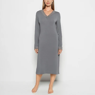 Modal with Lace V-Neck Sleep Shirt Smoked Pearl