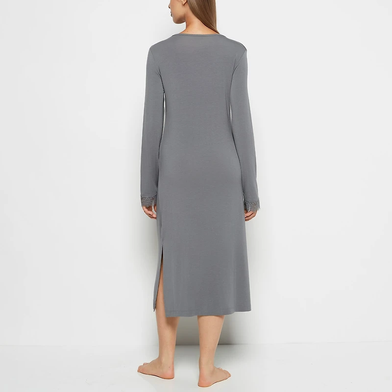 Modal with Lace V-Neck Sleep Shirt Smoked Pearl
