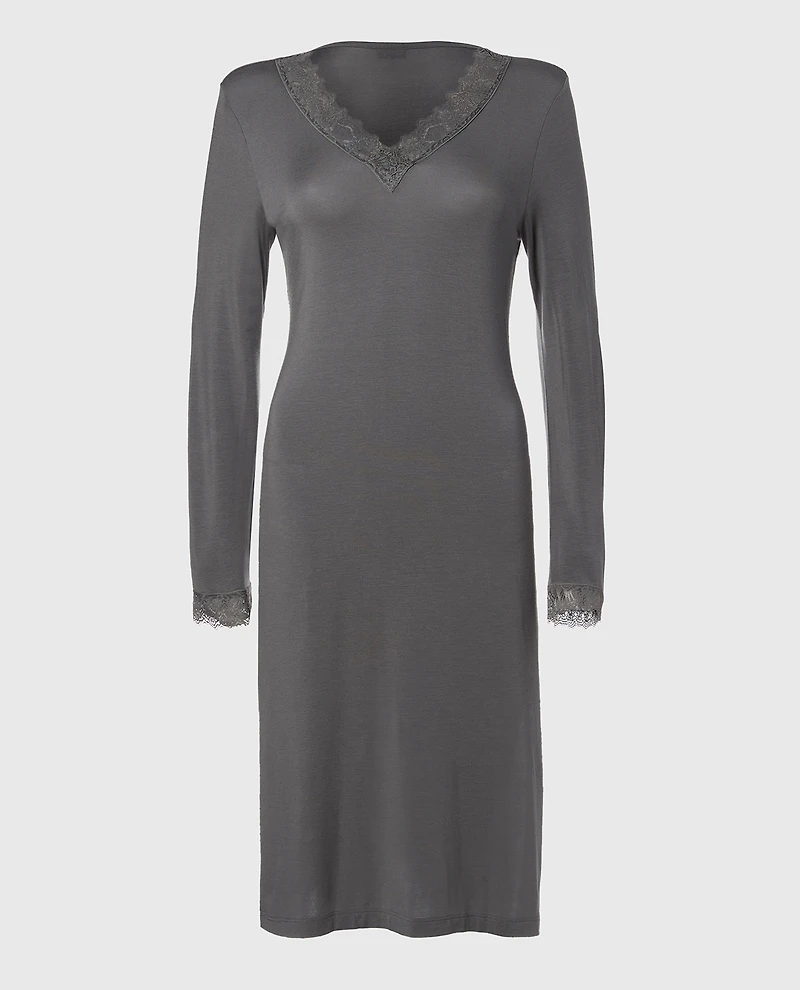 Modal with Lace V-Neck Sleep Shirt Smoked Pearl
