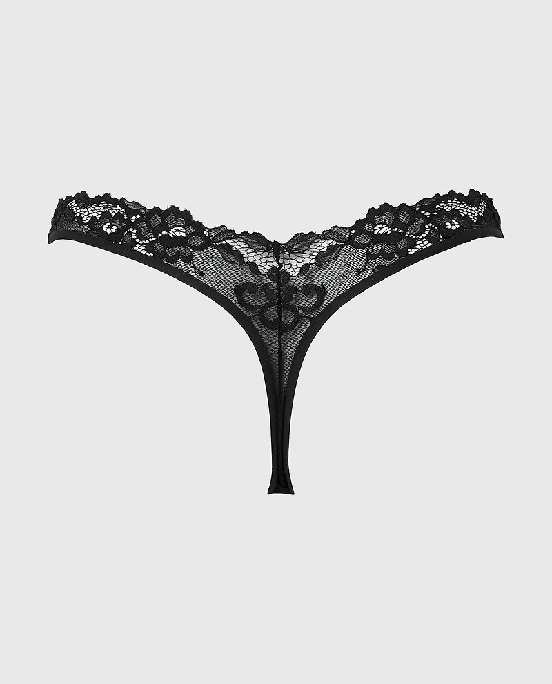 Diva Thong Panty with Romantic Lace Tuxedo Black