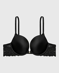 Soutien-gorge pigeonnant plongeant avec côtés en dentelle romantique noir smoking