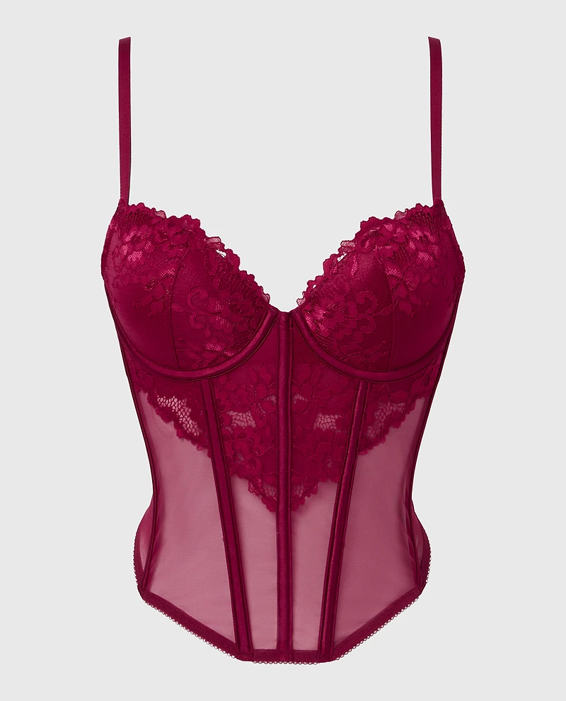 Lightly Lined Demi Bustier with romantic lace and Mesh Plum Rose