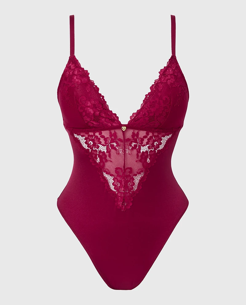 Removable Pad Bodysuit with Romantic lace and Microfiber Plum Rose