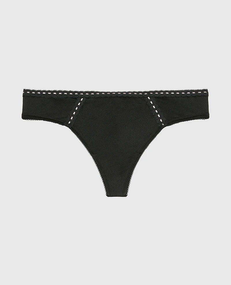Low Rise thong Microfiber with Ribbon Detailing Tuxedo Black