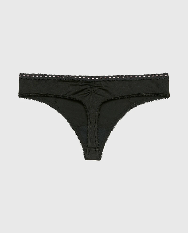 Low Rise thong Microfiber with Ribbon Detailing Tuxedo Black