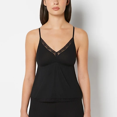 La Senza | Casual Sleep Ribbed V Neck Tank With Lace Trim Tuxedo Black Polyester