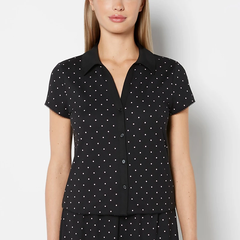 Casual Sleep Jersey Button Up Short Sleeve Top with Picot Trim Tiny Dot