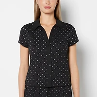 Casual Sleep Jersey Button Up Short Sleeve Top with Picot Trim Tiny Dot