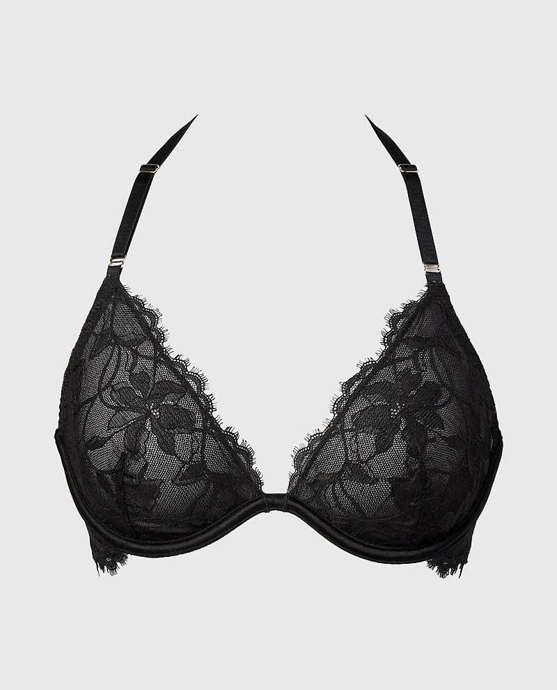 Haltered Unlined Plunge Bra With Afterglow Lace Tuxedo Black