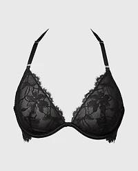 Haltered Unlined Plunge Bra With Afterglow Lace Tuxedo Black