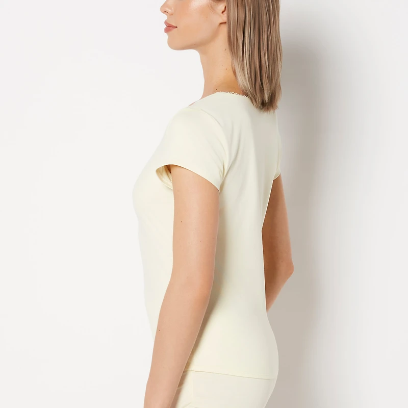 La Senza | Casual Sleep Jersey V Neck Top With Picot Trim Lemon Icing Polyester