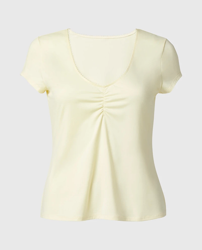 Casual Sleep Jersey V Neck Top With Picot Trim Lemon Icing