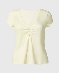 Casual Sleep Jersey V Neck Top With Picot Trim Lemon Icing