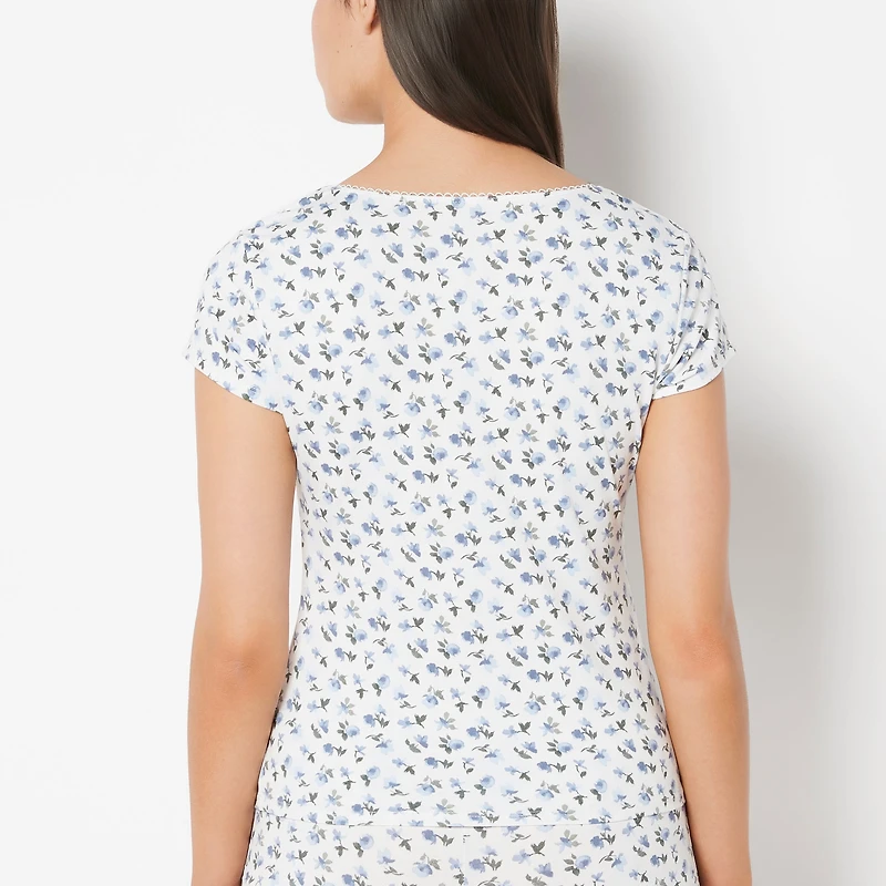 Casual Sleep Jersey V Neck Top With Picot Trim Breezy Mid Floral