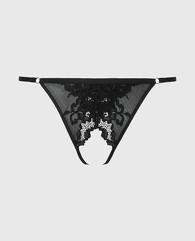Crotchless G-String with Romantic Lace Tuxedo Black