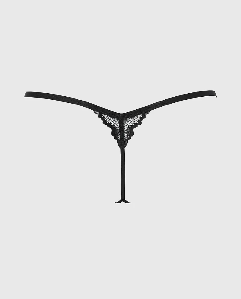 Crotchless G-String with Romantic Lace Tuxedo Black