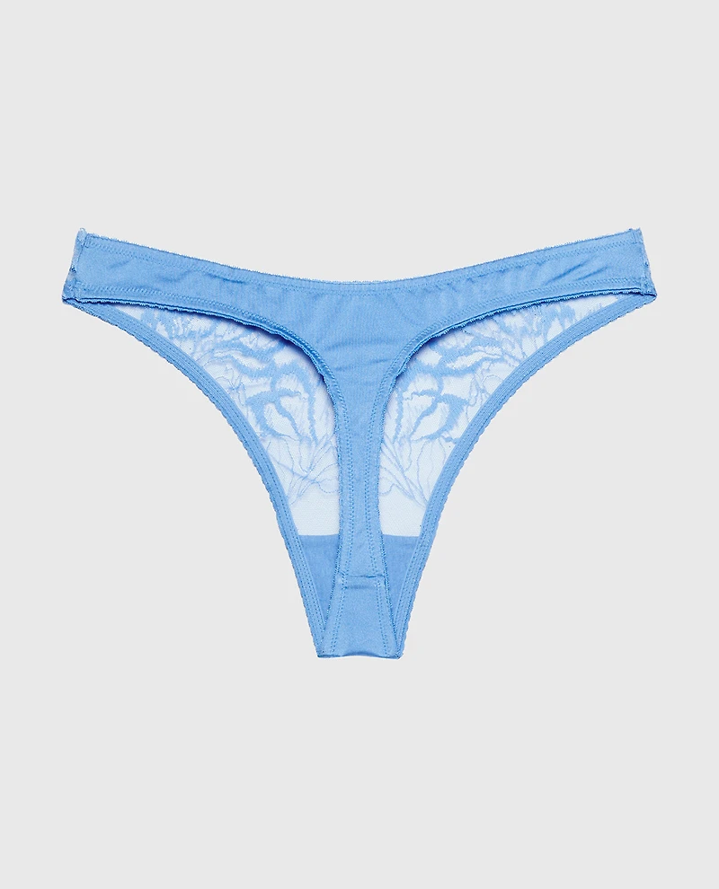 Diva High Leg Thong Panty with Lush Lace Azure Blue