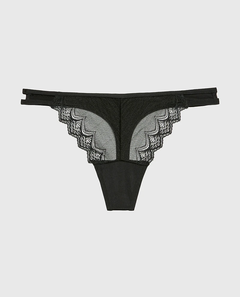 Diva Thong Panty with Exquisite Lace Tuxedo Black