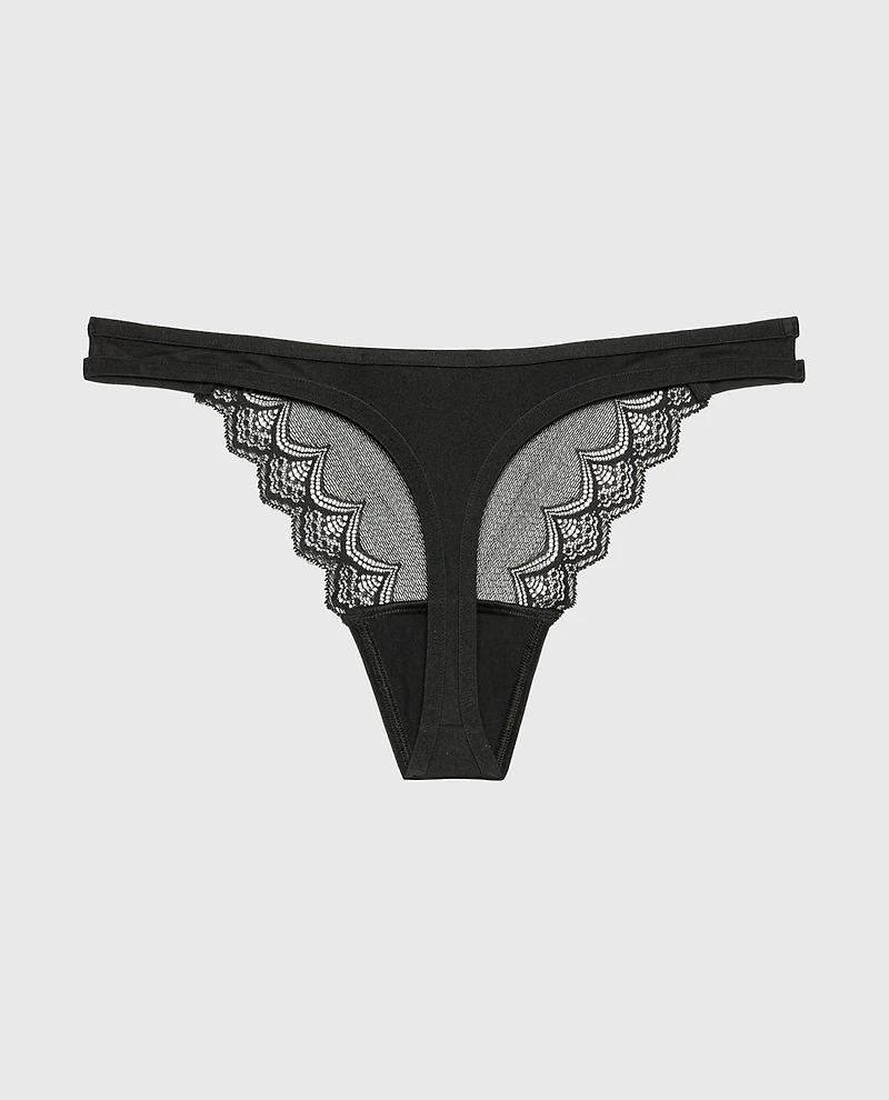 Diva Thong Panty with Exquisite Lace Tuxedo Black