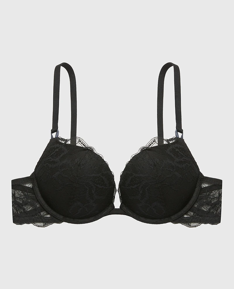 Push up Plunge Bra With Lush Lace Tuxedo Black
