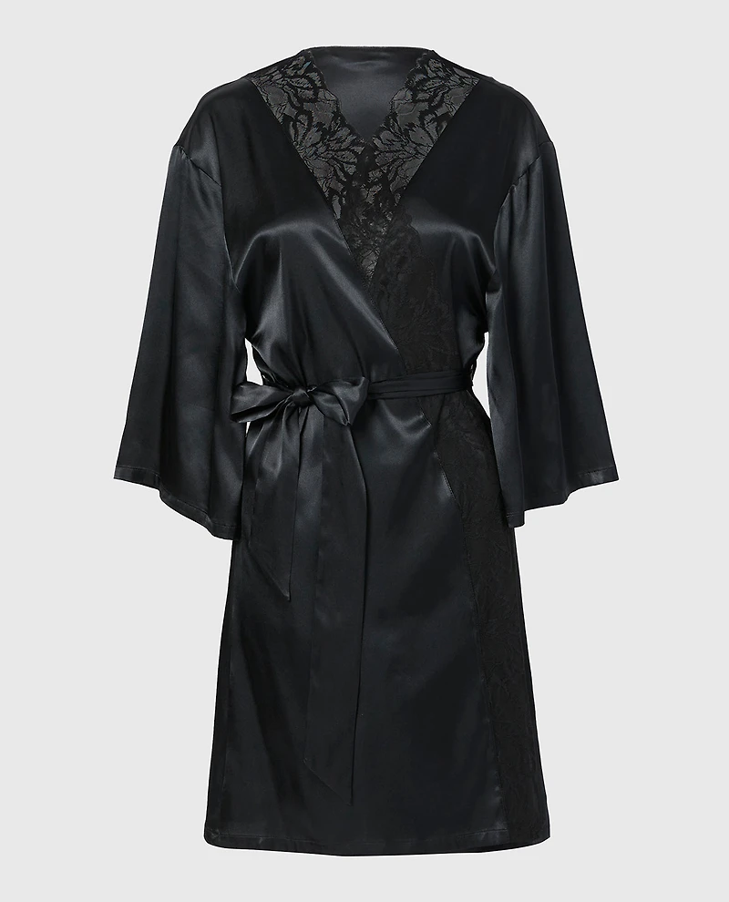 Satin Robe with Lush Lace Trim Tuxedo Black