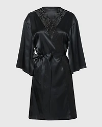 Satin Robe with Lush Lace Trim Tuxedo Black