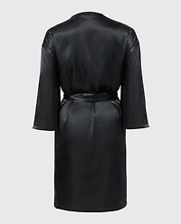 Satin Robe with Lush Lace Trim Tuxedo Black