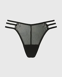 Thong Panty Exquisite Lace with Strappy Sides Tuxedo Black