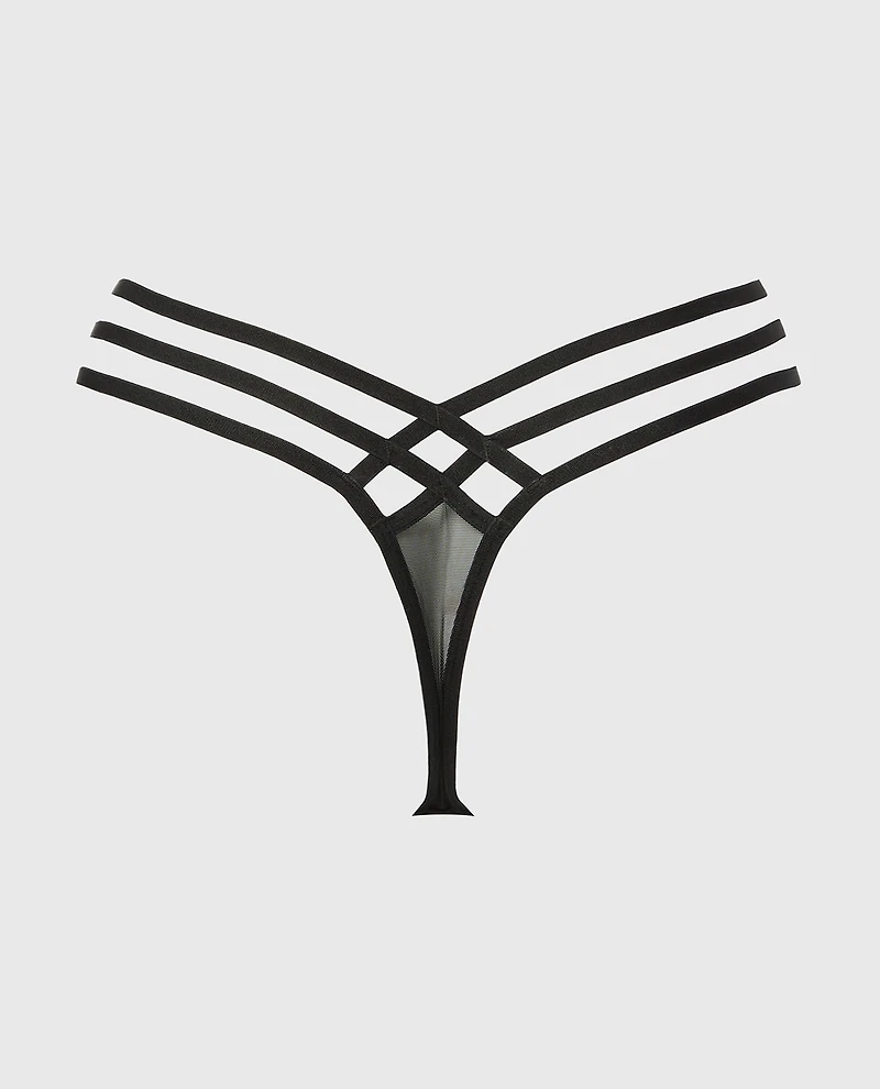 Thong Panty Exquisite Lace with Strappy Sides Tuxedo Black